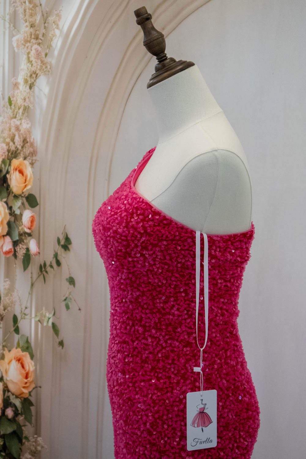 Hot Pink One Shoulder Short Tight Sequin Homecoming Dress