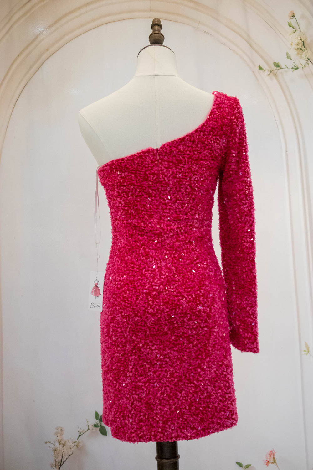 Hot Pink One Shoulder Short Tight Sequin Homecoming Dress