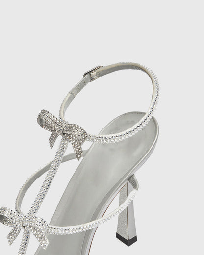 Ilaria Rhinestone Bow Strap Sandals In Silver