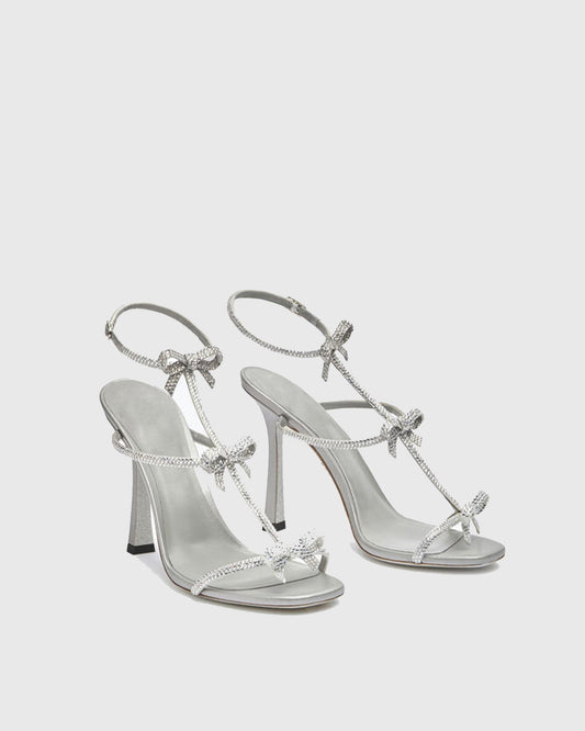 Ilaria Rhinestone Bow Strap Sandals In Silver