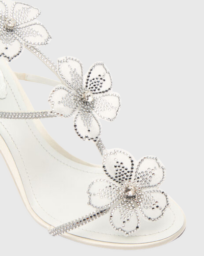 Ilaria Rhinestone Flower Strap Sandals In White