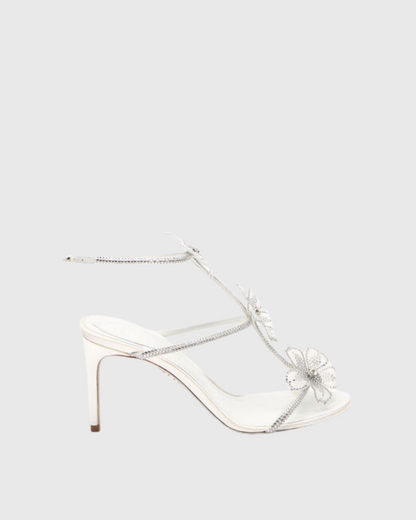 Ilaria Rhinestone Flower Strap Sandals In White