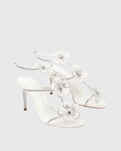 Ilaria Rhinestone Flower Strap Sandals In White