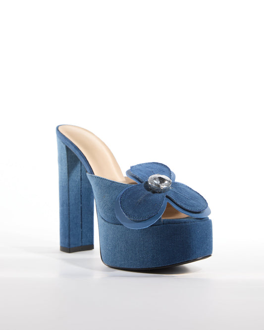 India Diamond Flowers Platform Mules In Blue