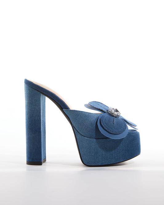 India Diamond Flowers Platform Mules In Blue