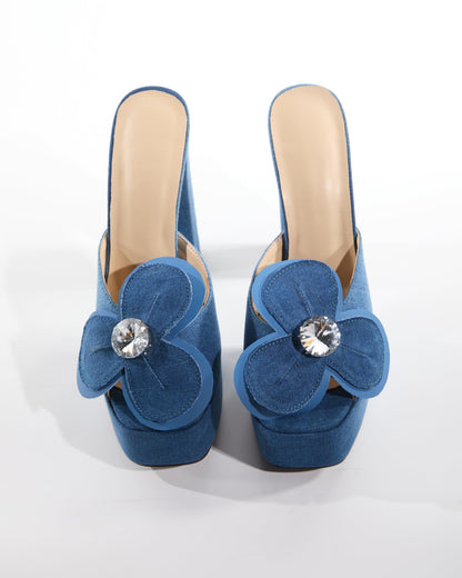India Diamond Flowers Platform Mules In Blue