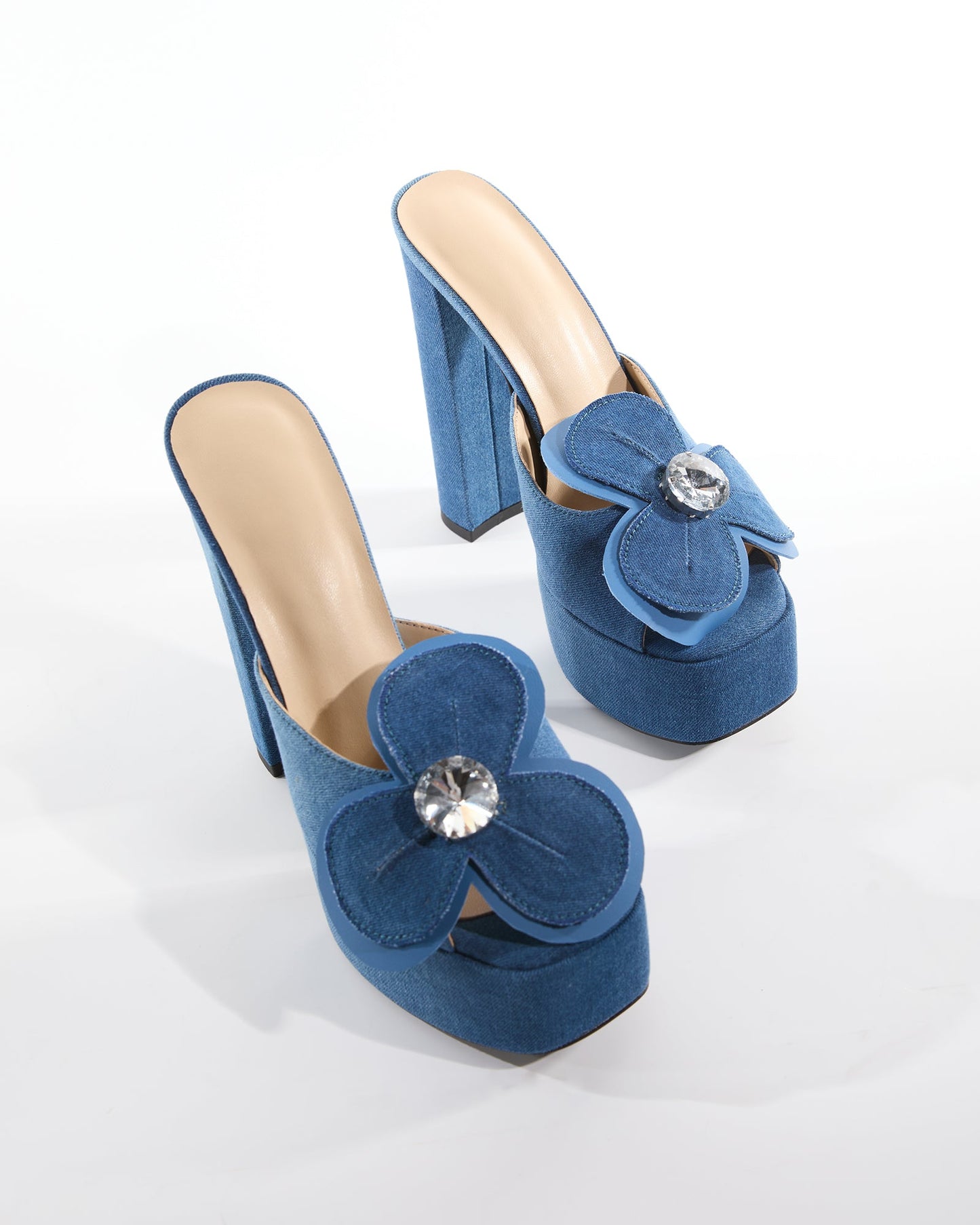 India Diamond Flowers Platform Mules In Blue