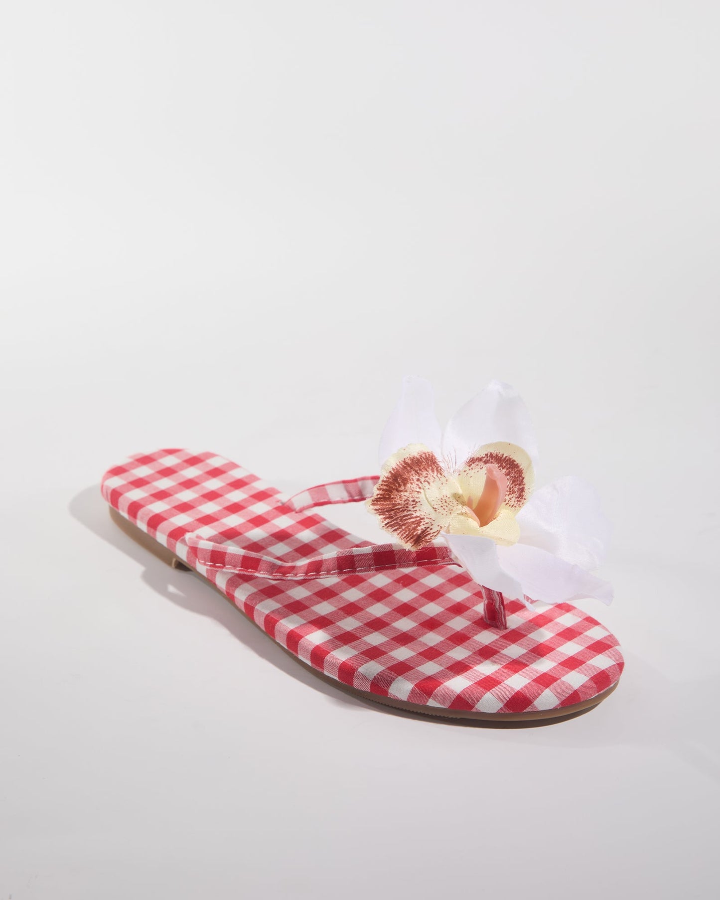 Indigo Plaid 3D Flower Slippers In Red