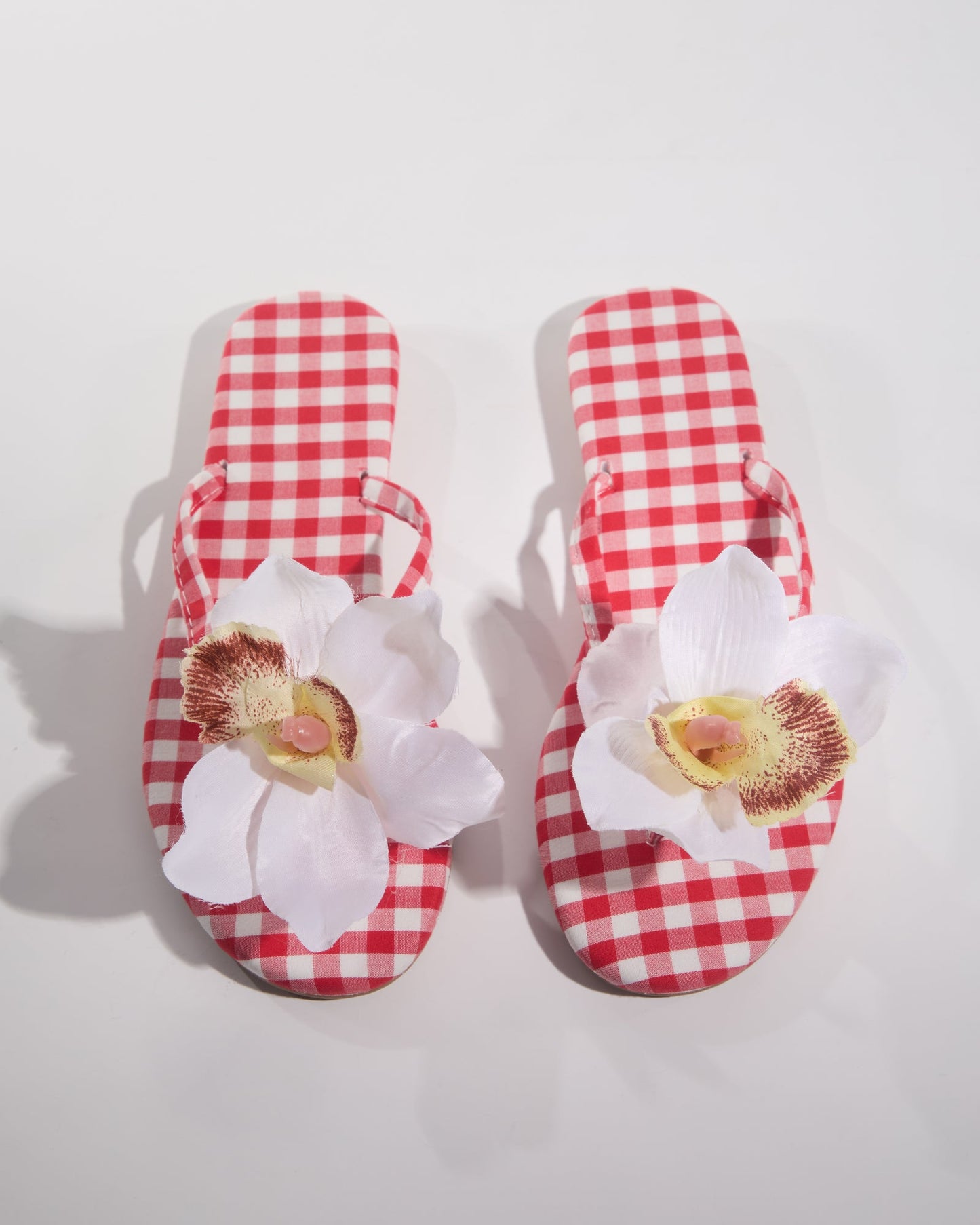 Indigo Plaid 3D Flower Slippers In Red