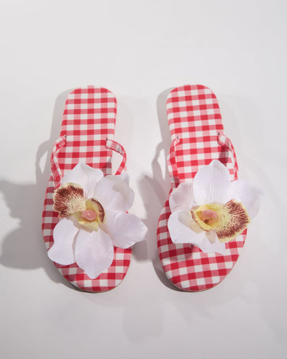 Indigo Plaid 3D Flower Slippers In Red