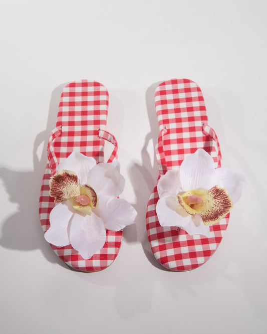 Indigo Plaid 3D Flower Slippers In Red