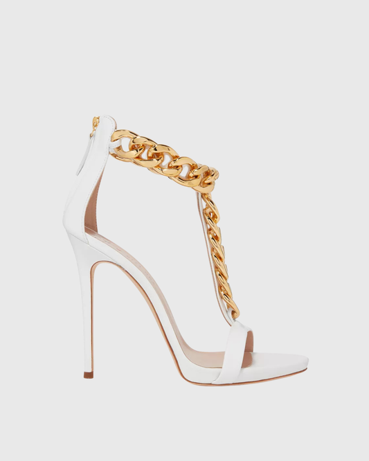 Iolanda T Strap Metal Chain Sandals In White