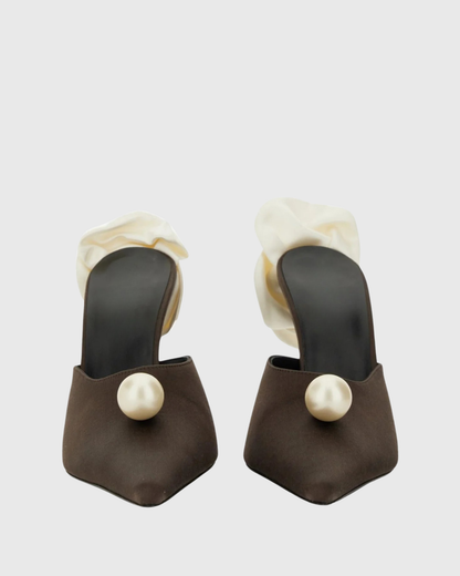 Isotta Flower Embellished Pearl Satin Mules In Brown