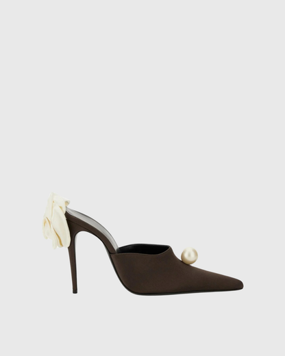 Isotta Flower Embellished Pearl Satin Mules In Brown