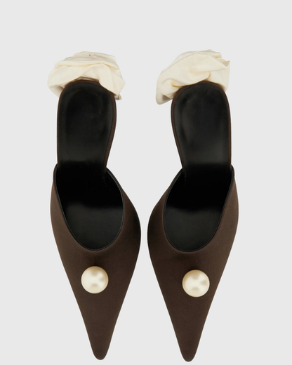 Isotta Flower Embellished Pearl Satin Mules In Brown