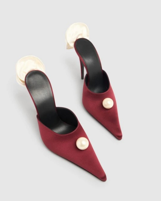 Isotta Flower Embellished Pearl Satin Mules In Wine