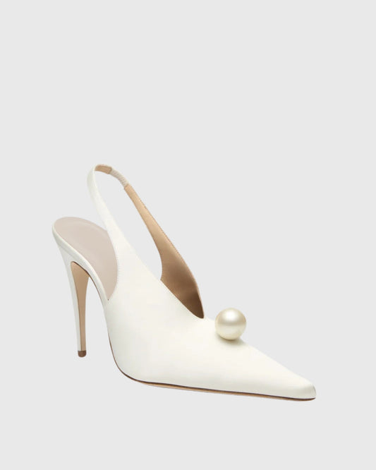 Isotta Pearl Satin Slingback Pumps In White