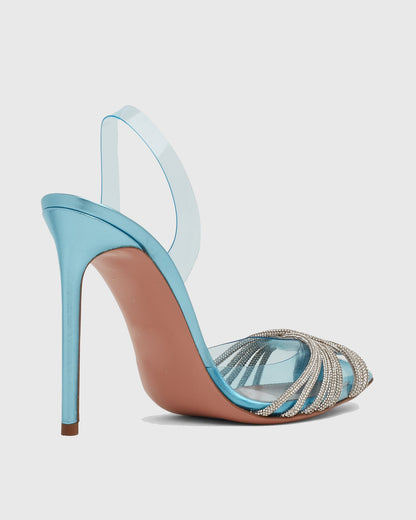 Italia Rhinestone Woven PVC Slingback Pumps In Blue