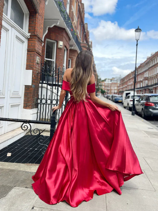 Off The Shoulder A-Line Satin Long Evening Prom Dresses