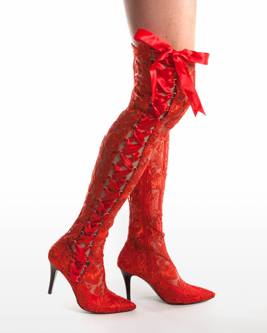 James Lace Over The Knee Boots In Red
