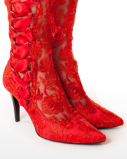 James Lace Over The Knee Boots In Red