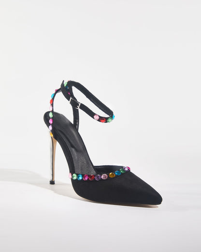 Kaya Rainbow Rhinestone Strap Pumps In Black