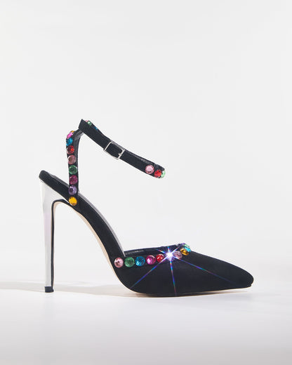 Kaya Rainbow Rhinestone Strap Pumps In Black