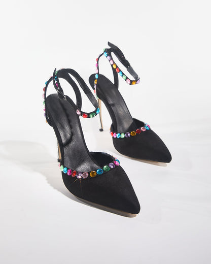 Kaya Rainbow Rhinestone Strap Pumps In Black