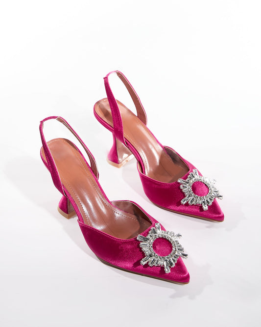 Desideria Rhinestone Slingback Flared Heels In Hot Pink