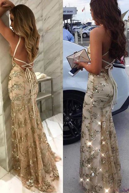 Mermaid Sequins Backless Long Prom Dress
