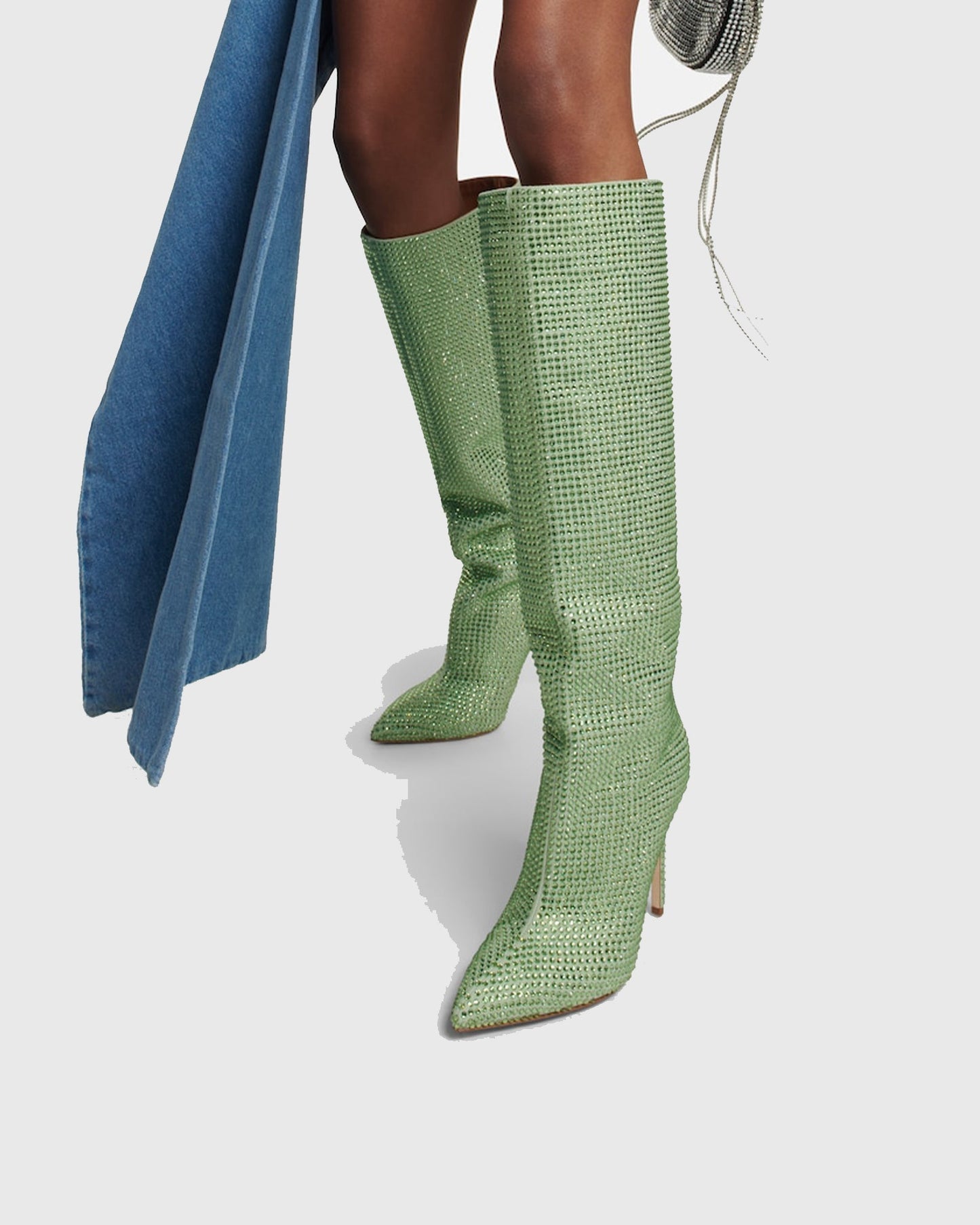 Laurenza Rhinestone Embellished  Leather Knee High Boots In Green