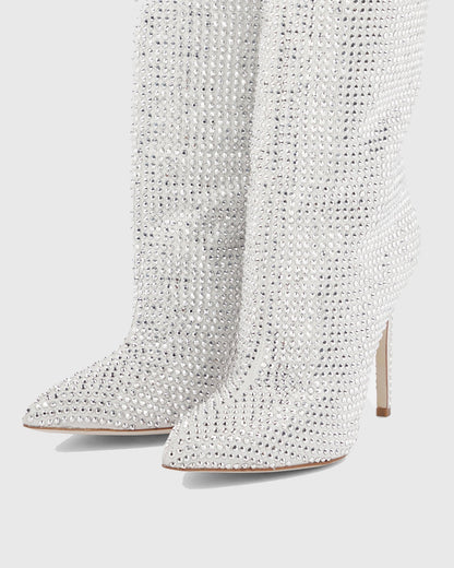 Laurenza Rhinestone Embellished Leather Knee High Boots In Silver