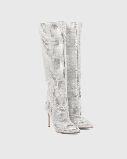 Laurenza Rhinestone Embellished Leather Knee High Boots In Silver