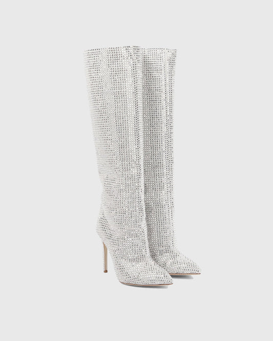 Laurenza Rhinestone Embellished Leather Knee High Boots In Silver