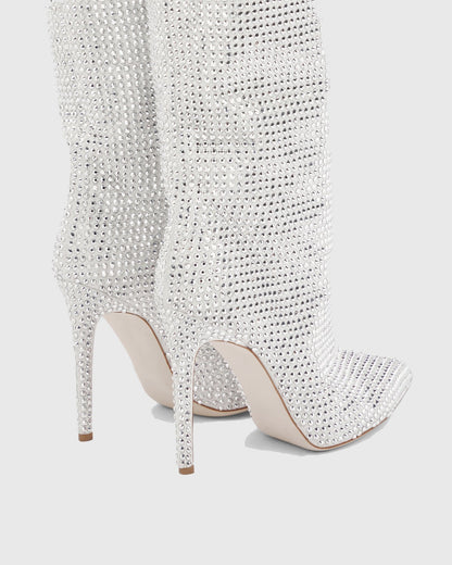 Laurenza Rhinestone Embellished Leather Knee High Boots In Silver