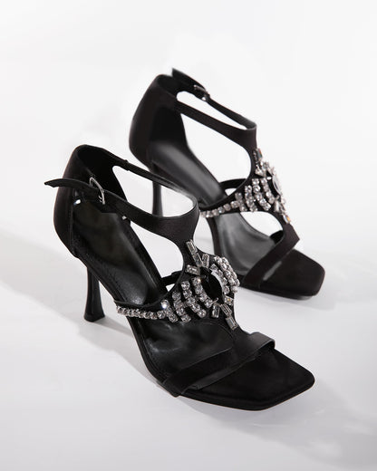 Leila Rhinestone Strap Sandals In Black