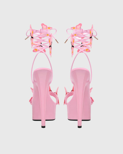 Lelia Bow Embroidery Lace Up Platform Sandals In Pink