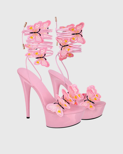 Lelia Bow Embroidery Lace Up Platform Sandals In Pink