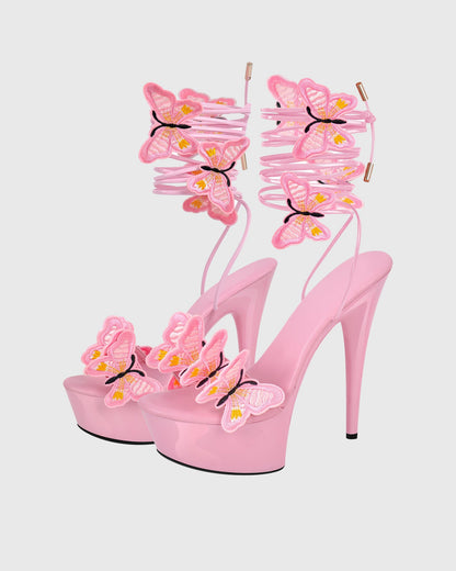 Lelia Bow Embroidery Lace Up Platform Sandals In Pink