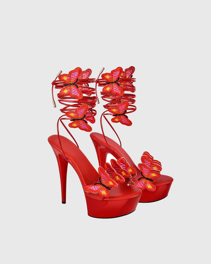 Lelia Bow Embroidery Lace Up Platform Sandals In Red