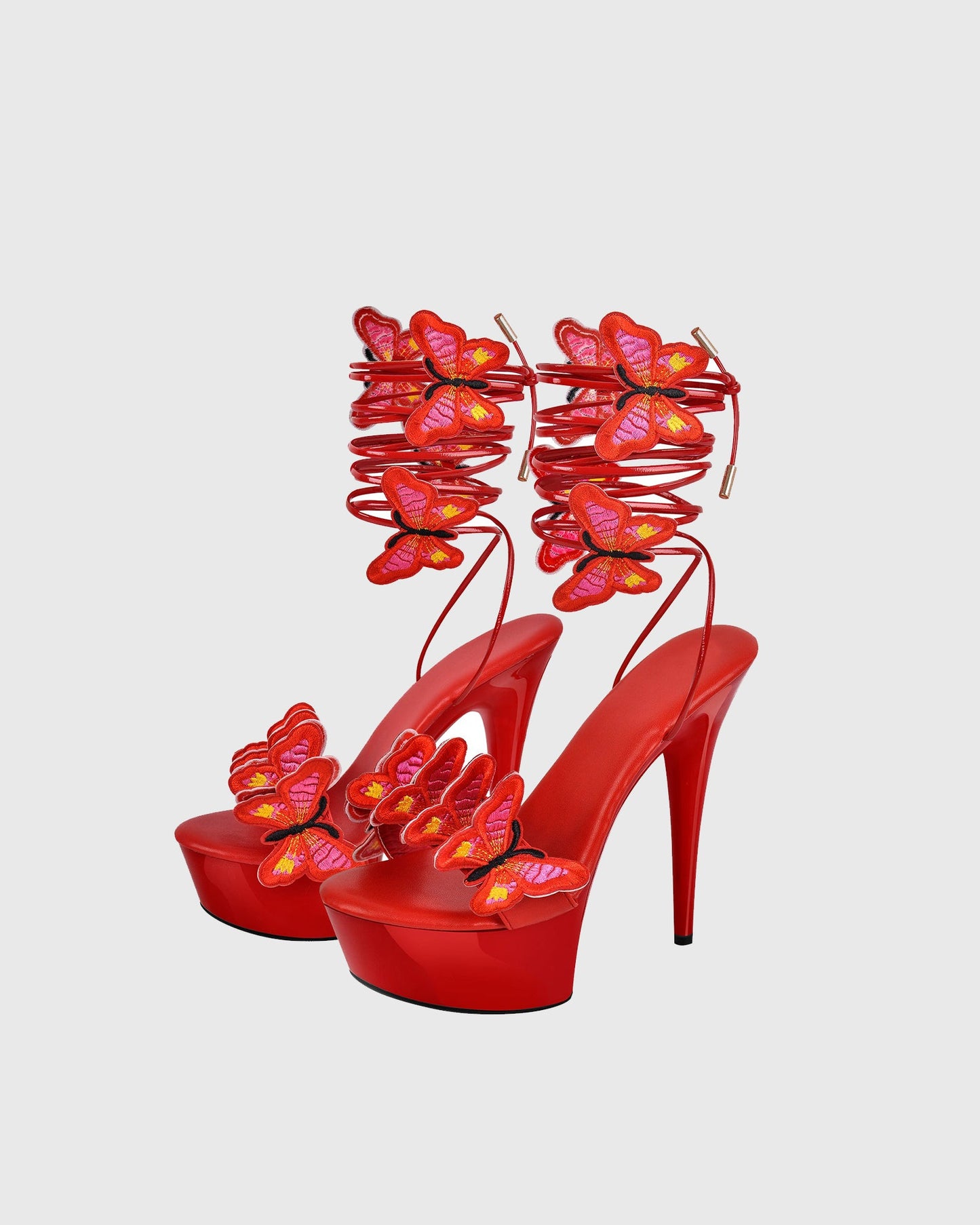 Lelia Bow Embroidery Lace Up Platform Sandals In Red