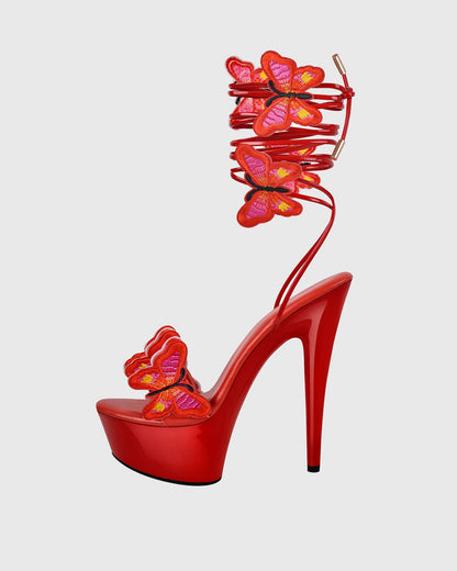 Lelia Bow Embroidery Lace Up Platform Sandals In Red