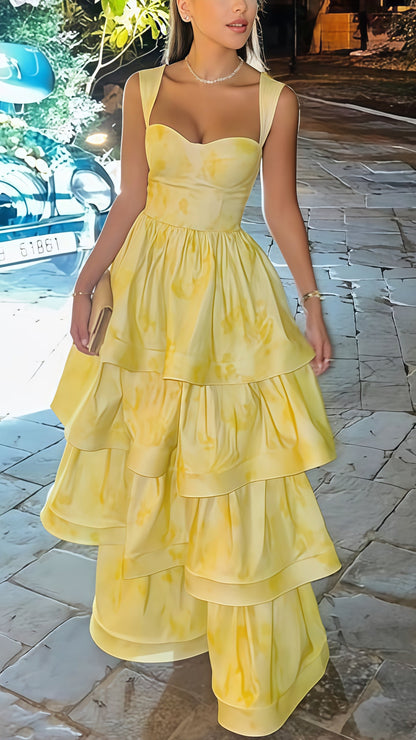 Lemon Yellow Printing Prom Dresses Fashion Evening Dresses Ruffle Formal Gown