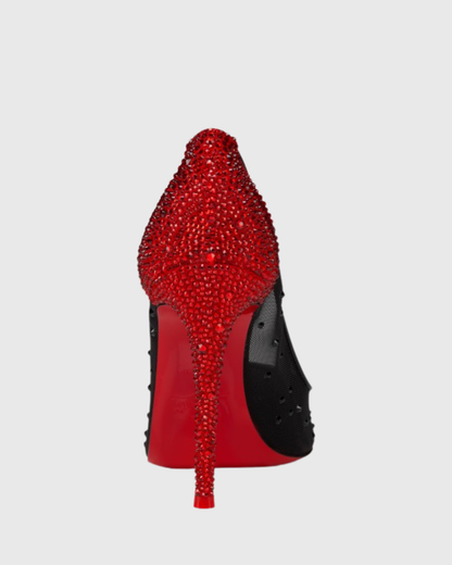 Leone Rhinestone Splicing Mesh Pumps In Red & Black