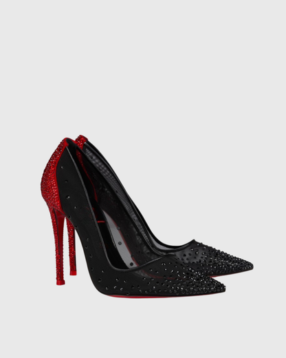 Leone Rhinestone Splicing Mesh Pumps In Red & Black
