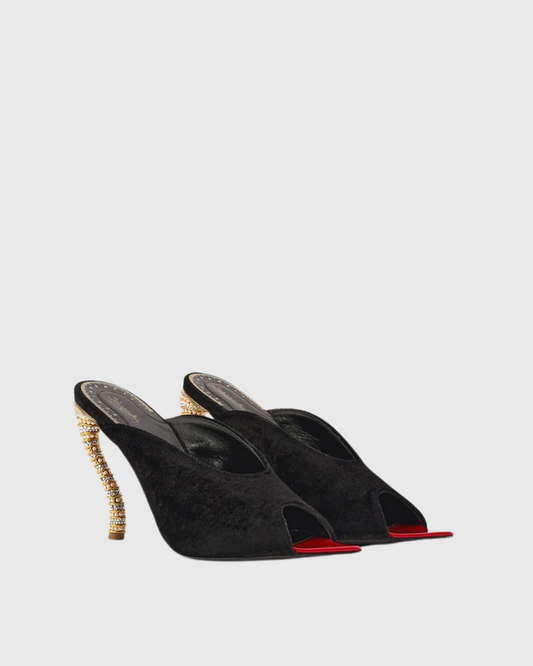 Lexi Irregular Velvet Rhinestone Slippers In Black