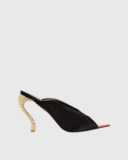 Lexi Irregular Velvet Rhinestone Slippers In Black