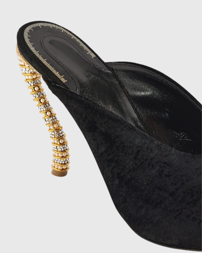 Lexi Irregular Velvet Rhinestone Slippers In Black