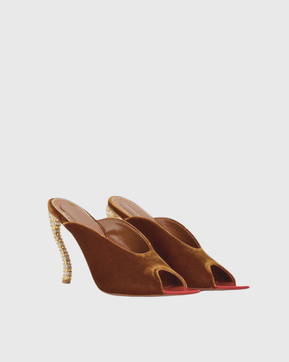 Lexi Irregular Velvet Rhinestone Slippers In Brown