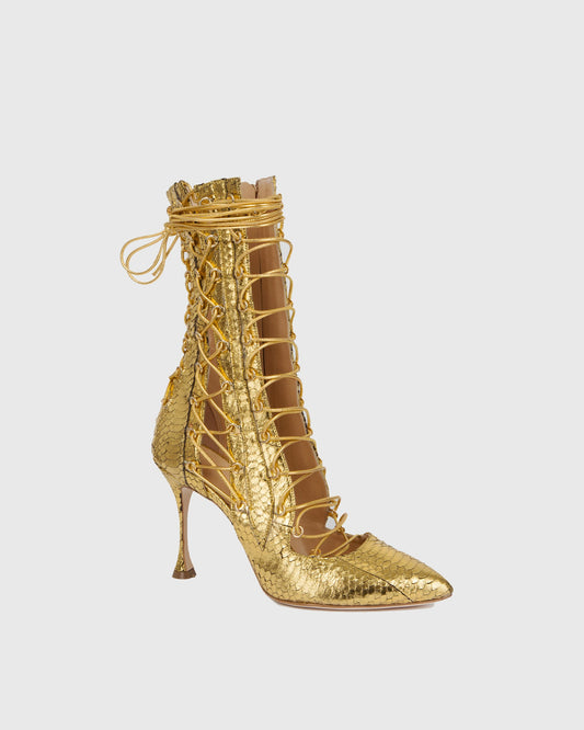 Liana Snake Print Lace up Ankle Boots In Gold